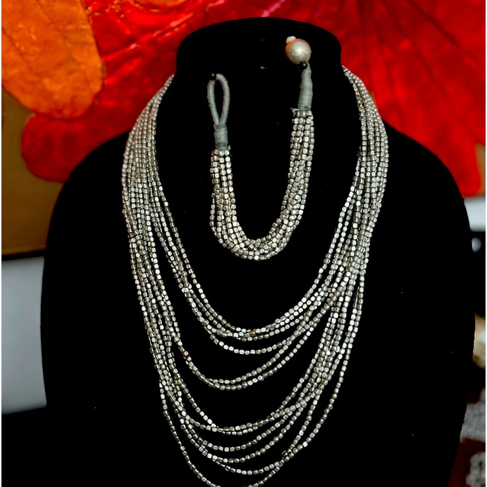 Silver tones square beads, multi strand necklace, and bracelet set